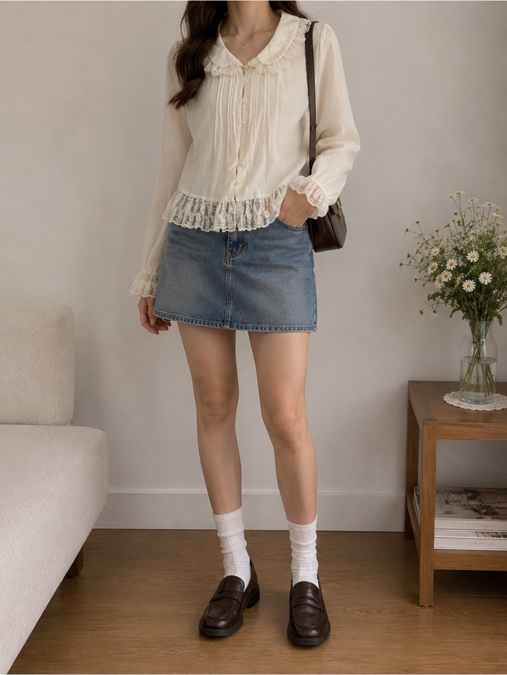 ZARA Ivory Lace-Trim Button-Up Blouse